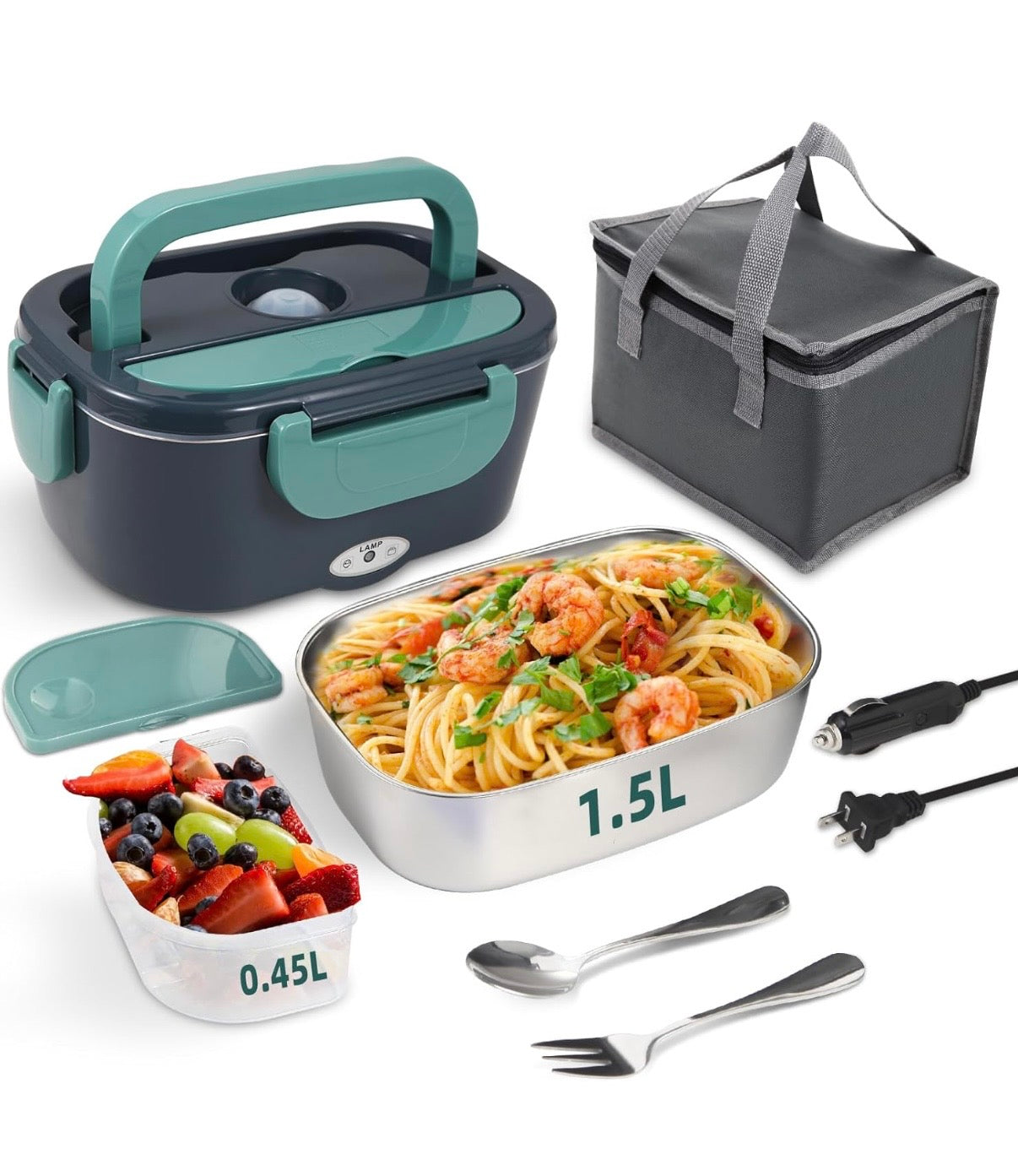 Electric Lunch Box Food Heater, 80W Portable Warmer for Car Truck Work with 304 Stainless Steel Container, 12V/24V/110V Green Heated Lunch Box Suitable for Ideal Driver/Work/Gift