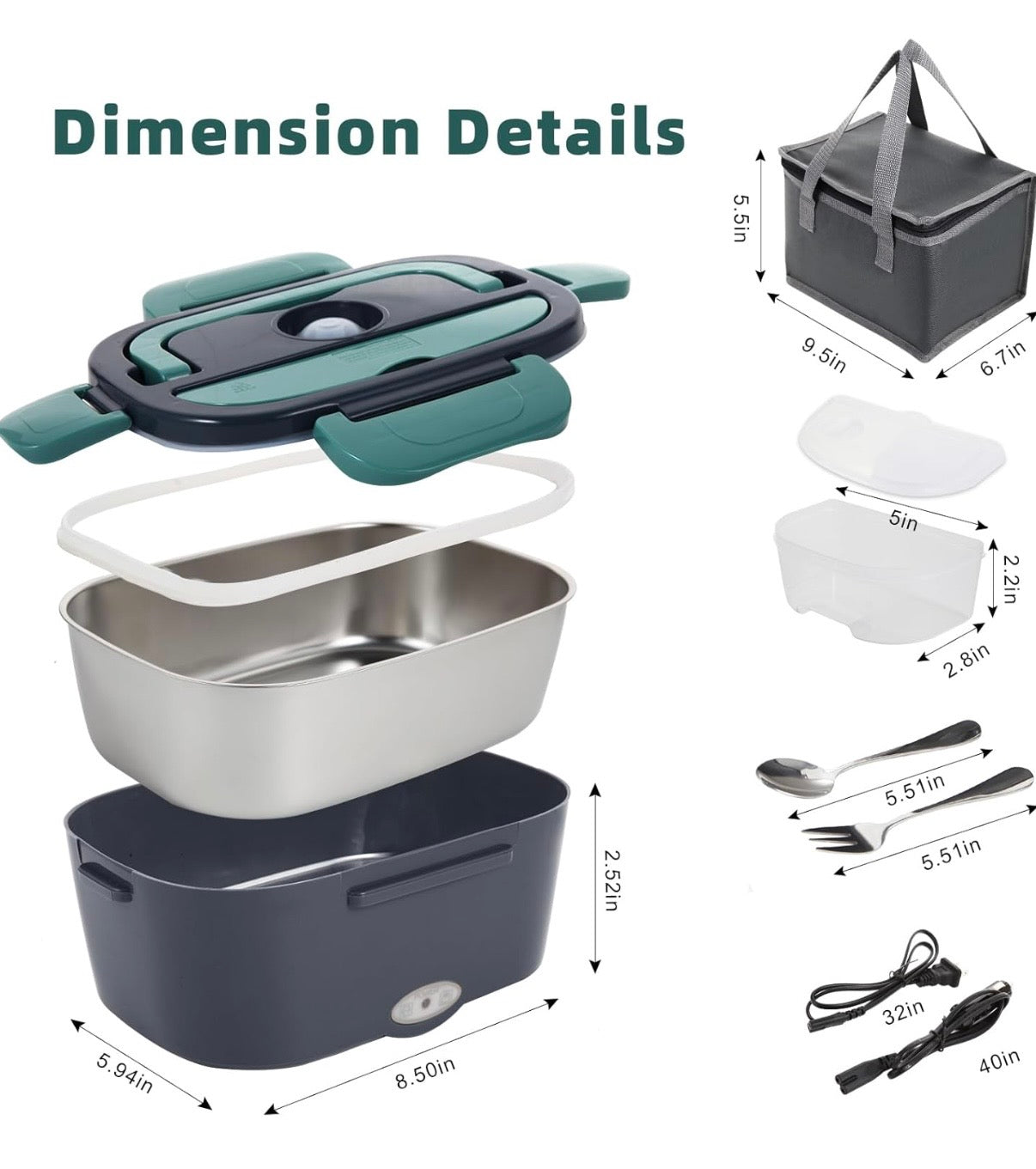 Electric Lunch Box Food Heater, 80W Portable Warmer for Car Truck Work with 304 Stainless Steel Container, 12V/24V/110V Green Heated Lunch Box Suitable for Ideal Driver/Work/Gift