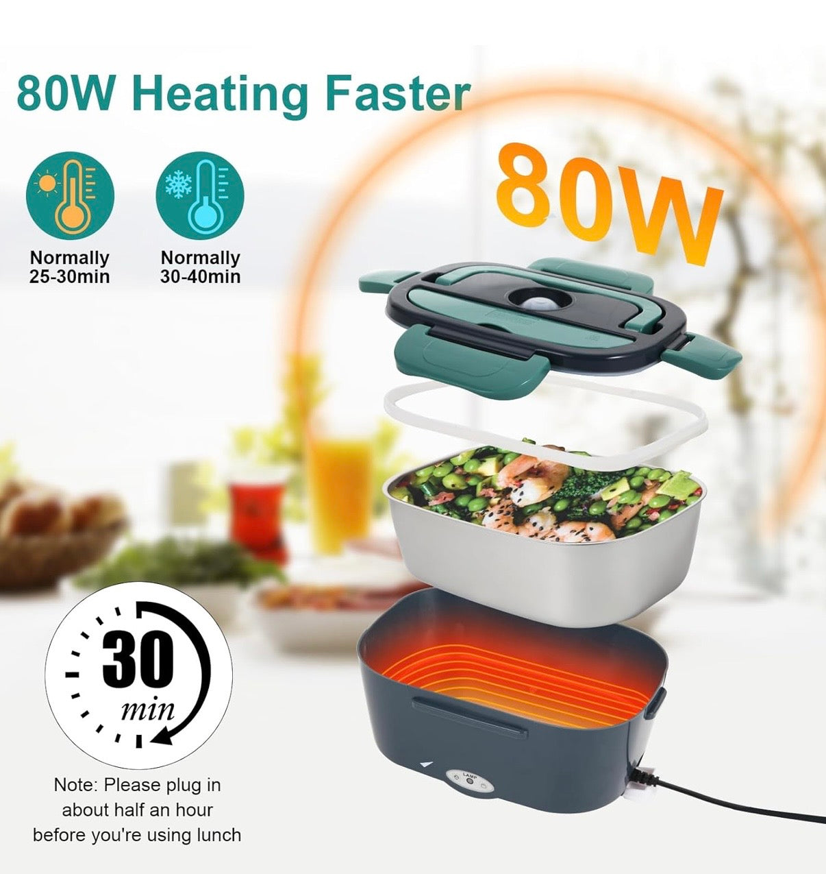 Electric Lunch Box Food Heater, 80W Portable Warmer for Car Truck Work with 304 Stainless Steel Container, 12V/24V/110V Green Heated Lunch Box Suitable for Ideal Driver/Work/Gift