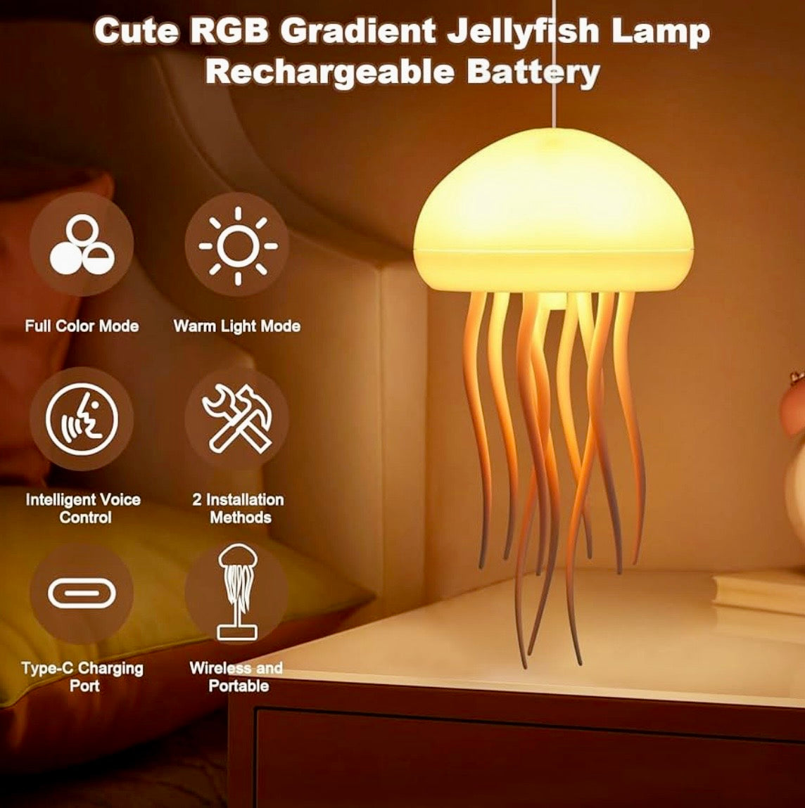 Rechargeable Jellyfish LED Night Light – Color Changing Floating Mood Lamp